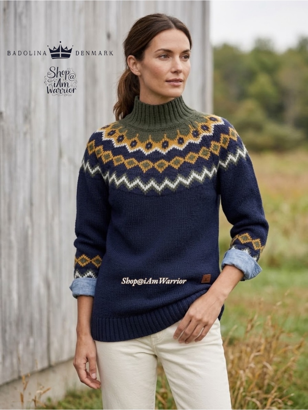 Nordic Fair Isle Badolina Denmark Navy Loden Ochre Merino Wool Mock Neck Sweater